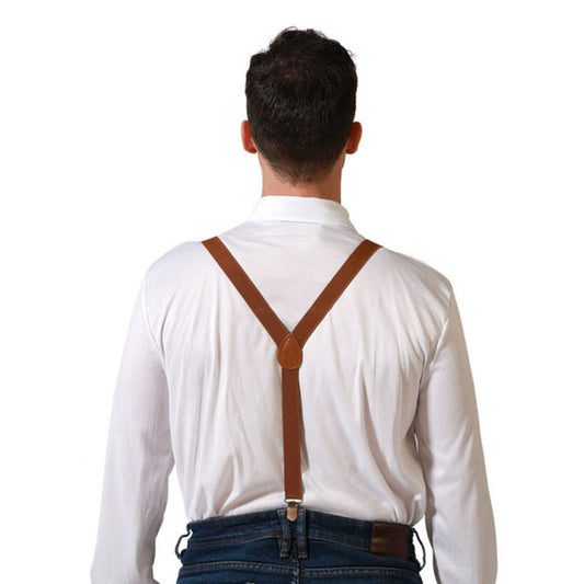 En man visar baksidan av ett Klassiskt Steampunk Set, bestående av bruna, justerbara hängslen och ett par kopparfärgade pilotgoggles.