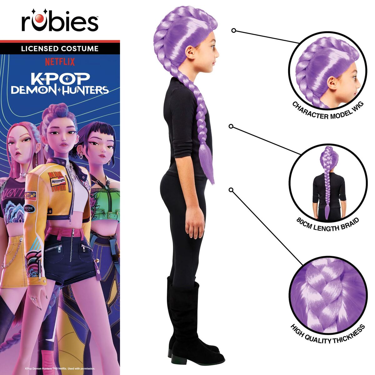 Barnmodell sedd från sidan med fokus på den 80 cm långa lila flätan och perukens passform.