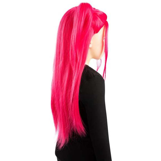 Sidoprofil av en barnperuk i stark neonrosa färg som visar perukens volym och snygga passform från sidan.
