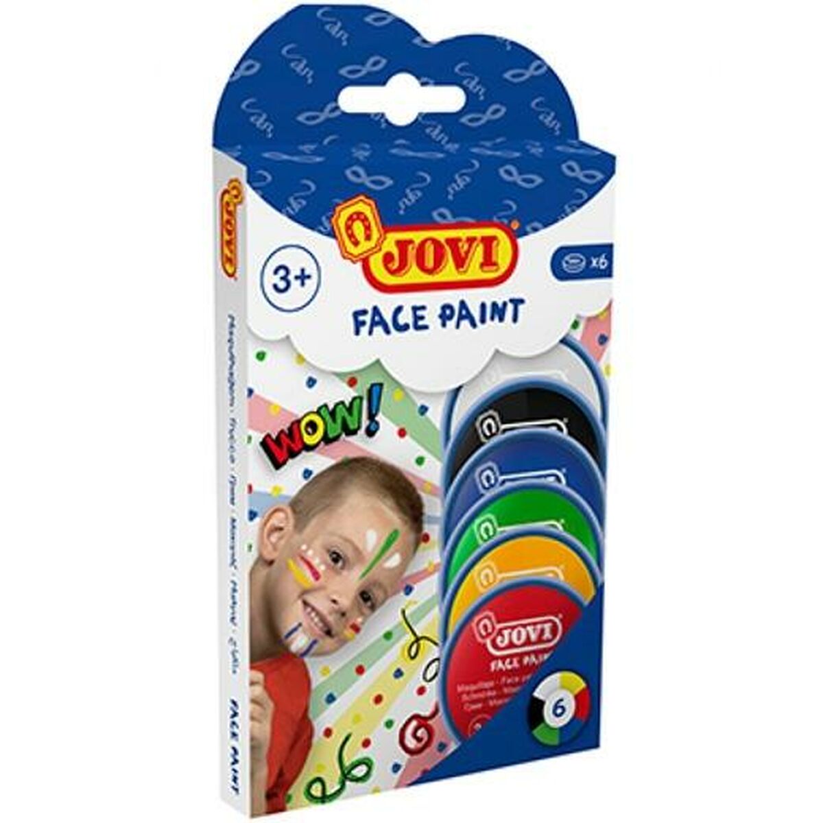 En förpackning med 6 stycken Jovi Face Paint-kritor i basfärger, med en bild på en leende pojke med färgglada streck målade i ansiktet.