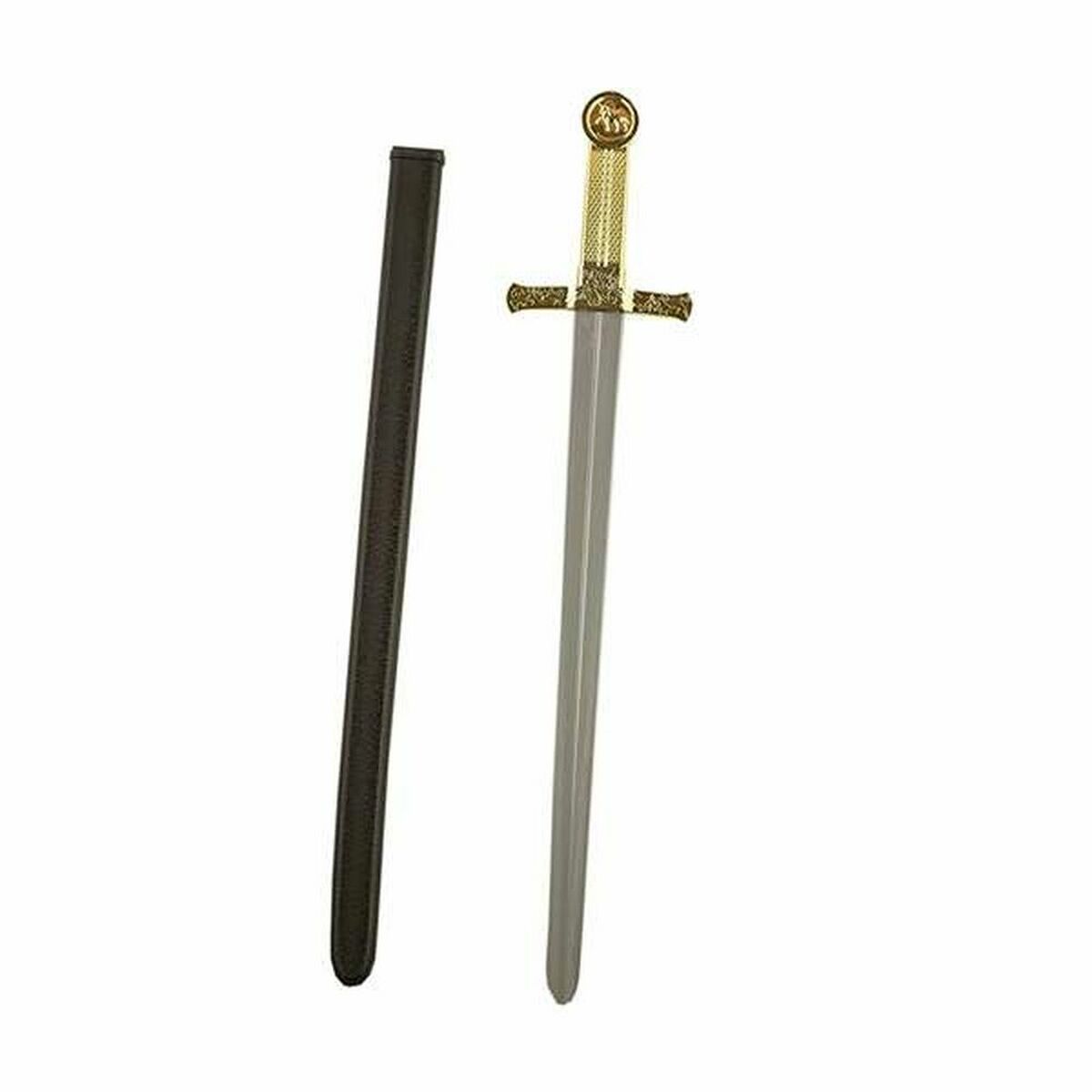 Ett Kungligt Guldsvärd i plast för barn, med ett silverfärgat blad och ett utsmyckat guldfäste, bredvid sin svarta svärdsskida.
