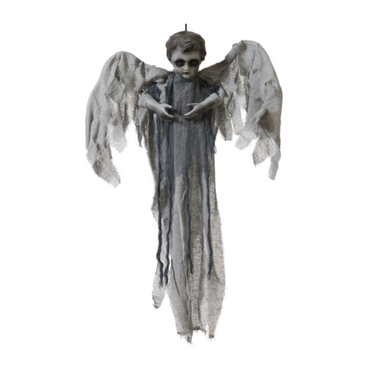 En närbild på den kusliga fallna ängelns ansikte, bredvid en bild som visar hela den hängande dekorationen.