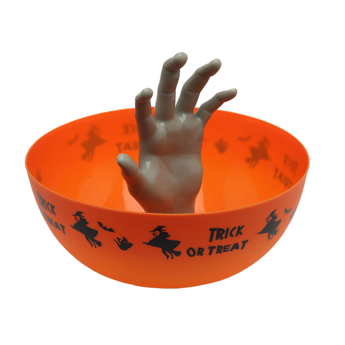 En orange Halloweenskål med texten 'Trick or Treat' och en kuslig grå zombiehand som sträcker sig upp ur mitten.