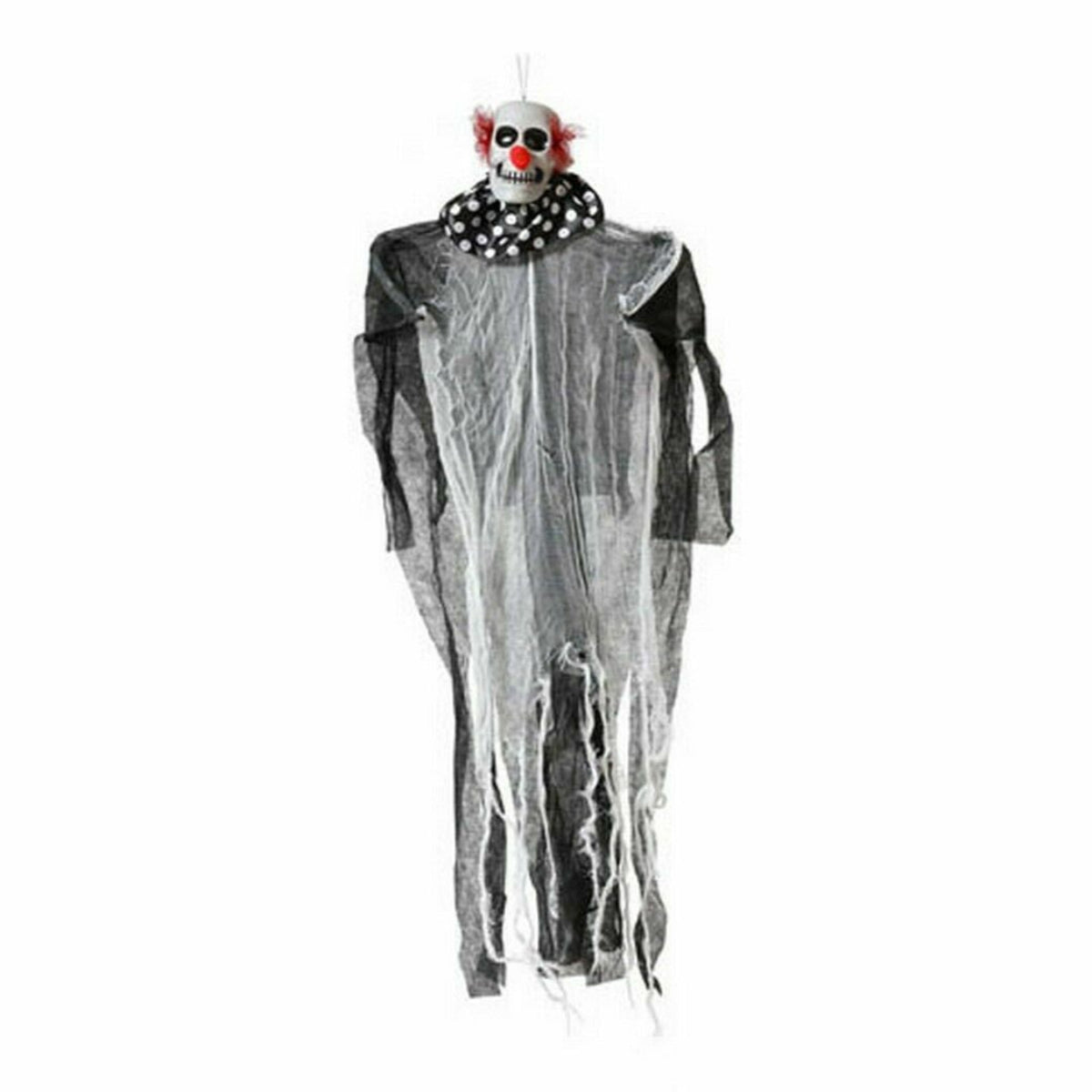 En kuslig, hängande dekoration i form av en clown-vålnad med ett skeletthuvud, prickig krage och en trasig, svartvit dräkt.