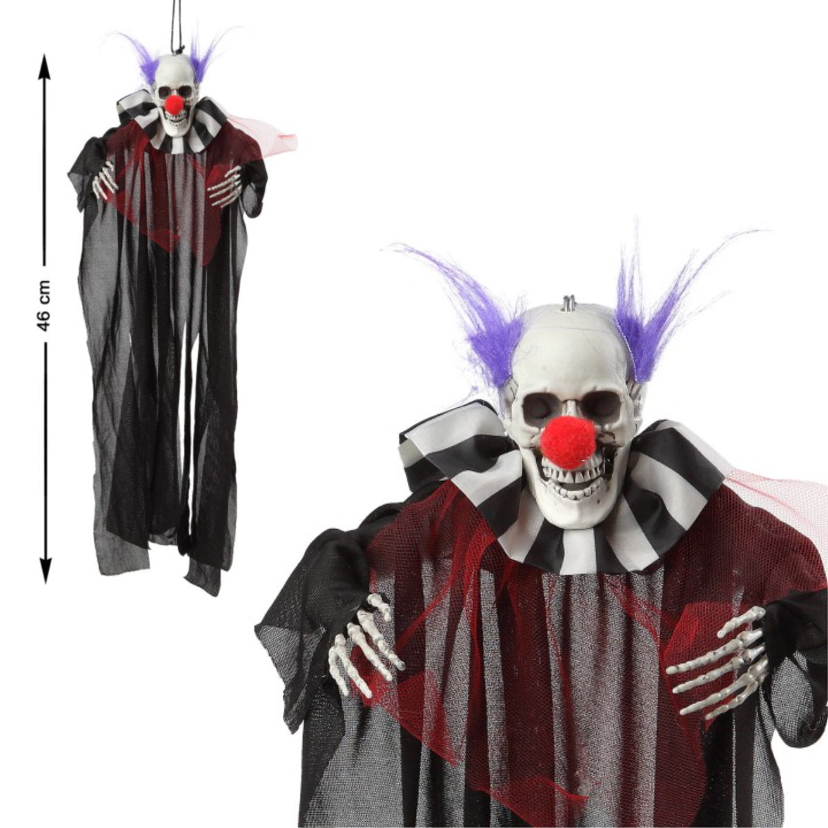 En bild som visar både hela den hängande skelett-clownen och en närbild på dess ansikte med måttangivelse.