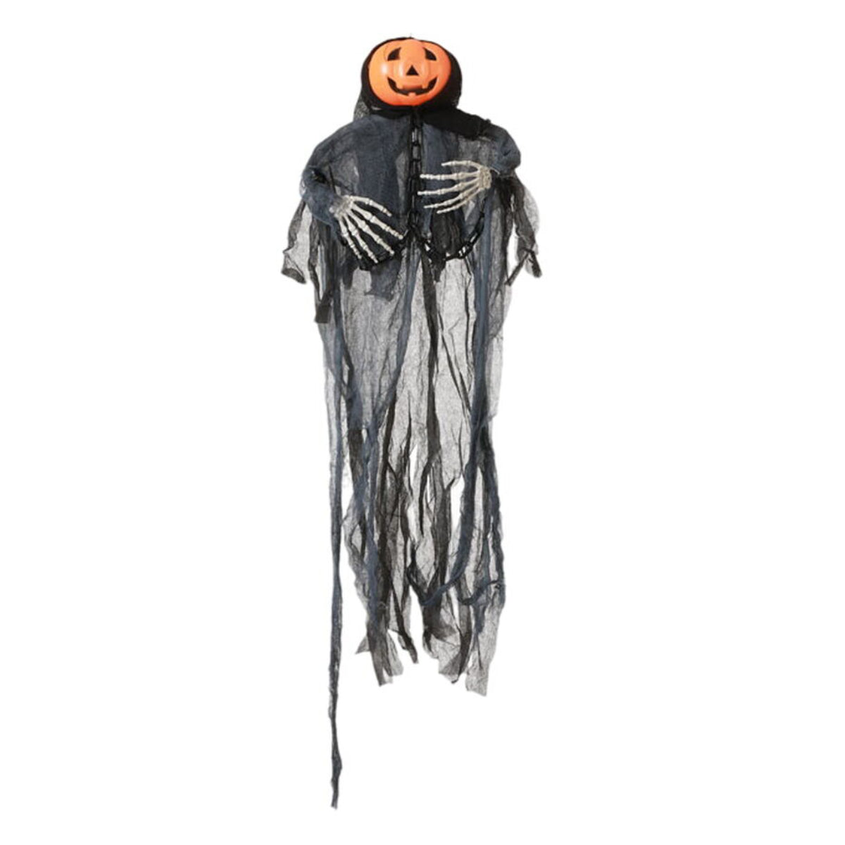 En hängande halloweendekoration som föreställer en kuslig pumpaväktare med ett pumpahuvud, svarta, trasiga kläder och skeletthänder.