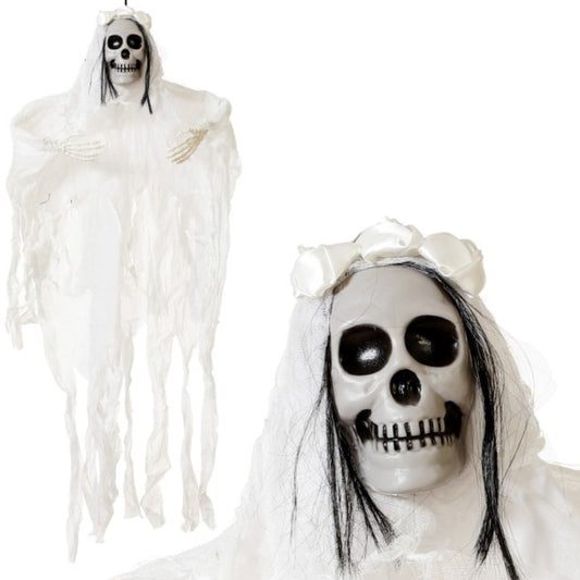 En kombinationsbild som visar den hängande skelettbruden i helfigur och en närbild på hennes leende dödskalle med brudslöja.