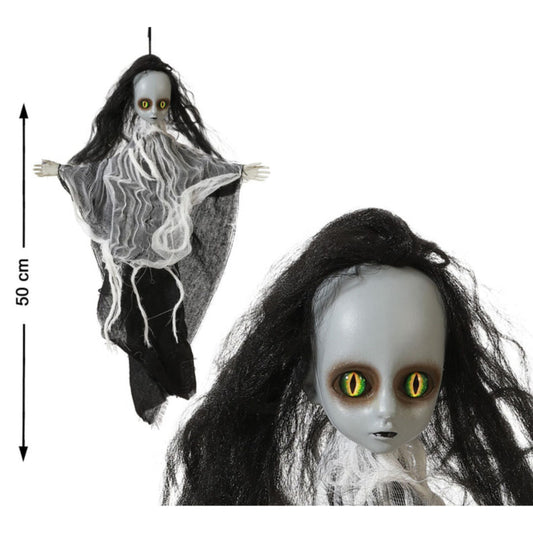 En kombinationsbild som visar den kompletta, 50 cm höga hängande Spökdockan och en närbild på dess kusliga ansikte med stora, gula ögon.