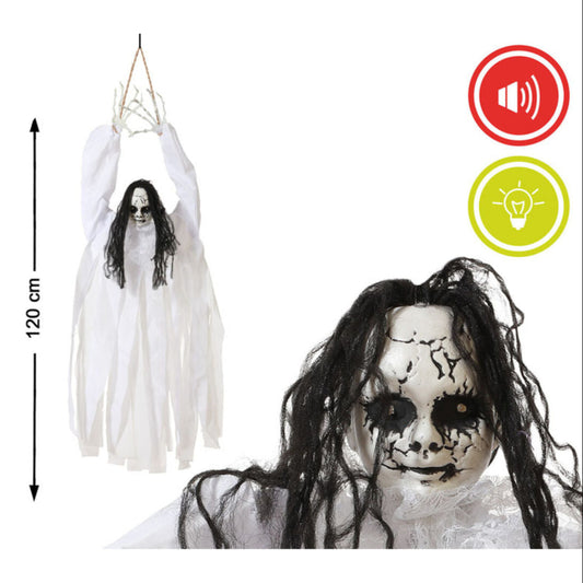 En kuslig, hängande vålnad med sprucket ansikte som visar dess mått på 120 cm och ikoner för dess interaktiva ljud- och ljusfunktioner.