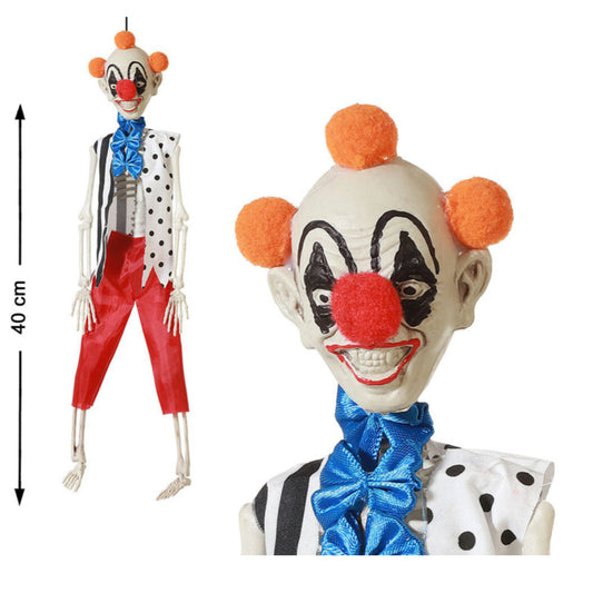 En kombinationsbild som visar både det kompletta, 40 cm höga hängande cirkus-skelettet och en närbild på dess sminkade clownansikte.