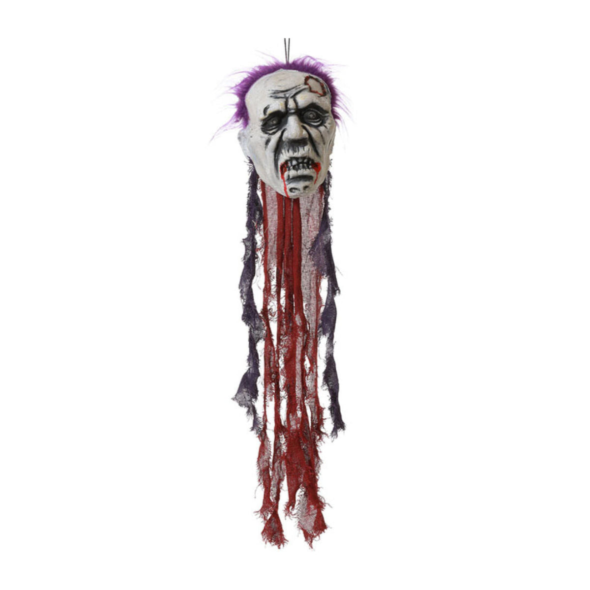 En hängande Halloweendekoration som föreställer ett kusligt och blodigt zombiehuvud med lila hår och långa, trasiga tygremsor.