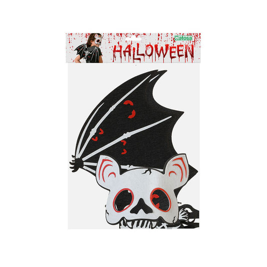 Förpackningen till ett Halloween-set med en fladdermus-skelettmask och ett par vingar.