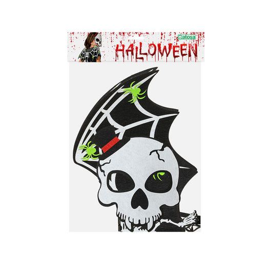 Förpackningen till ett Halloween-set med en dödskallemask och ett par vingar med spindelnät och spindlar.