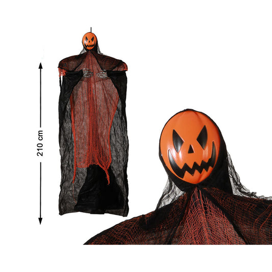 En kombinationsbild som visar den fulla längden på 210 cm och en närbild på den hängande pumpa-dekorationens ansikte.