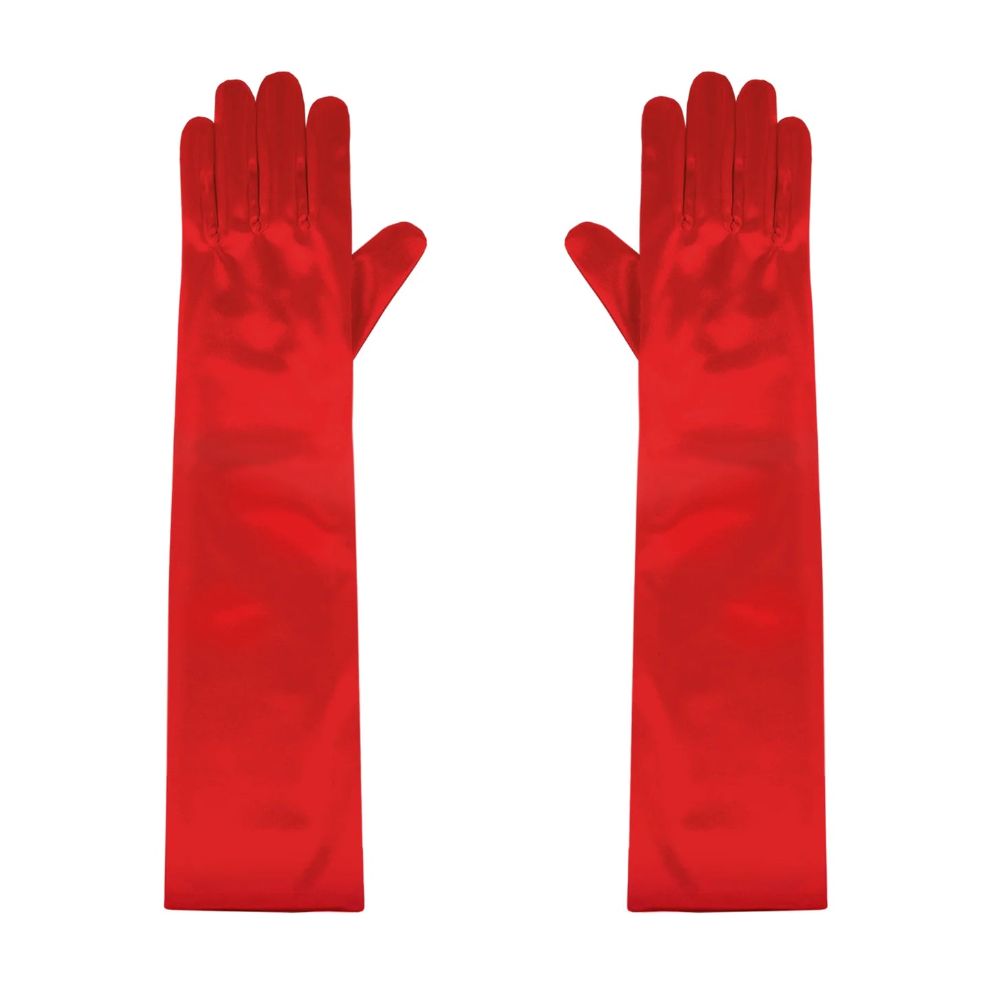 Ett par eleganta långa röda satinhandskar som ligger platt bredvid varandra mot en vit bakgrund.