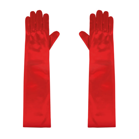 Ett par eleganta långa röda satinhandskar som ligger platt bredvid varandra mot en vit bakgrund.