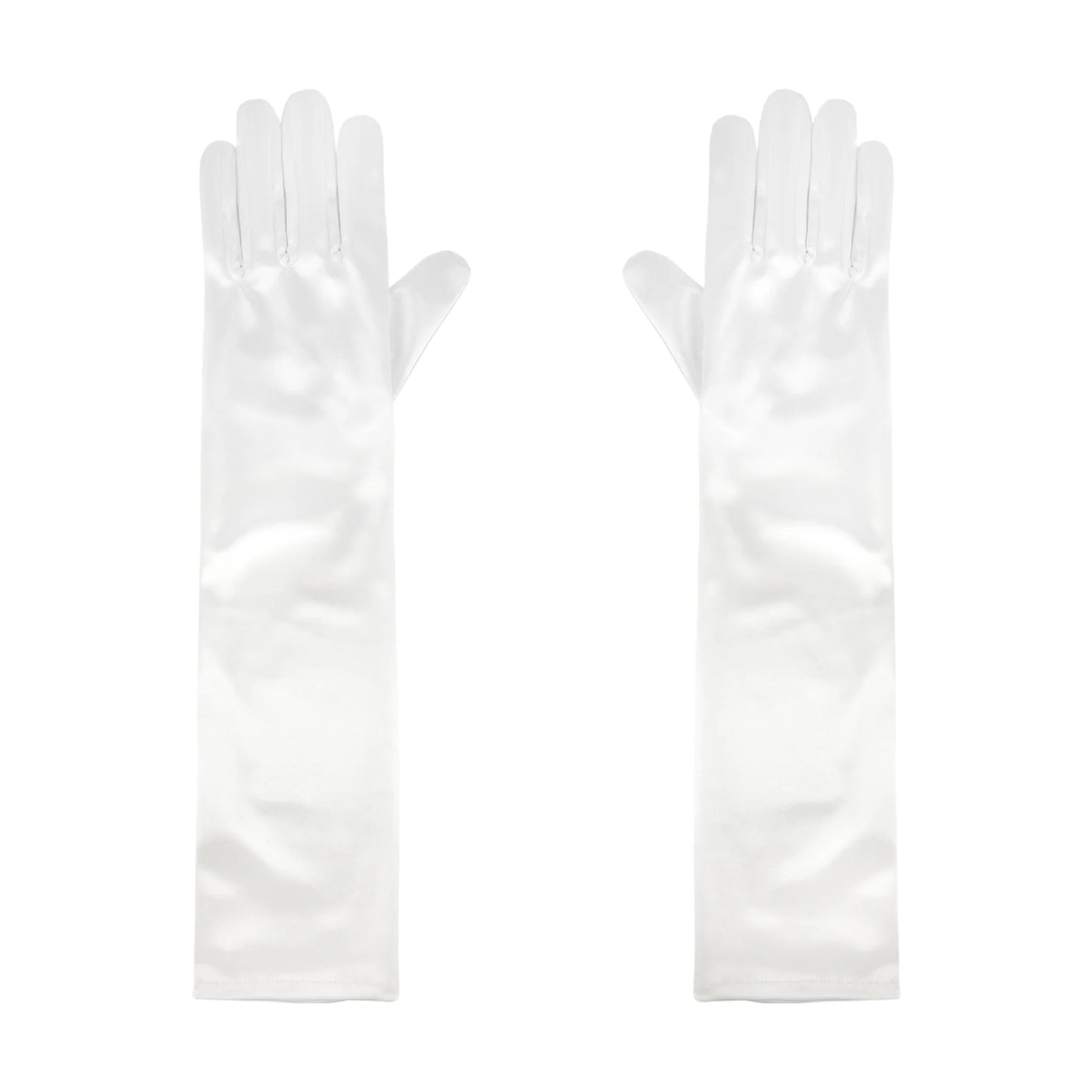 Ett par eleganta långa vita satinhandskar som ligger platt bredvid varandra mot en vit bakgrund.