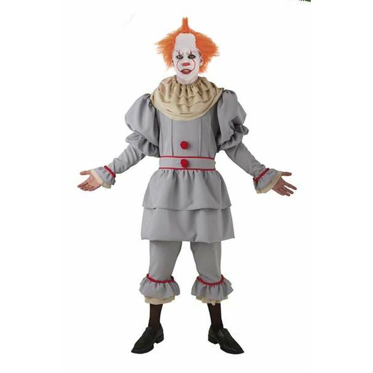 Man klädd i en grå, gammaldags skräckclown-dräkt med rufsigt orange hår och läskig sminkning.