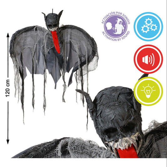 En bild som visar den hängande fladdermusen tillsammans med ikoner för ljudaktivering, rörelse, ljud och ljus.