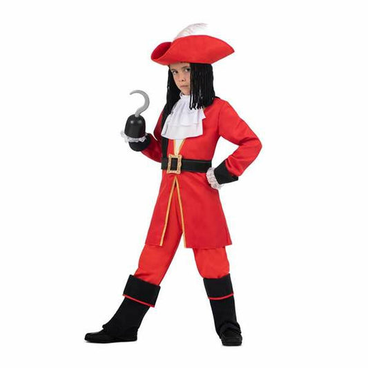 Ett barn poserar självsäkert i en komplett Kapten Krok-dräkt, med den ikoniska kroken, rocken och hatten.