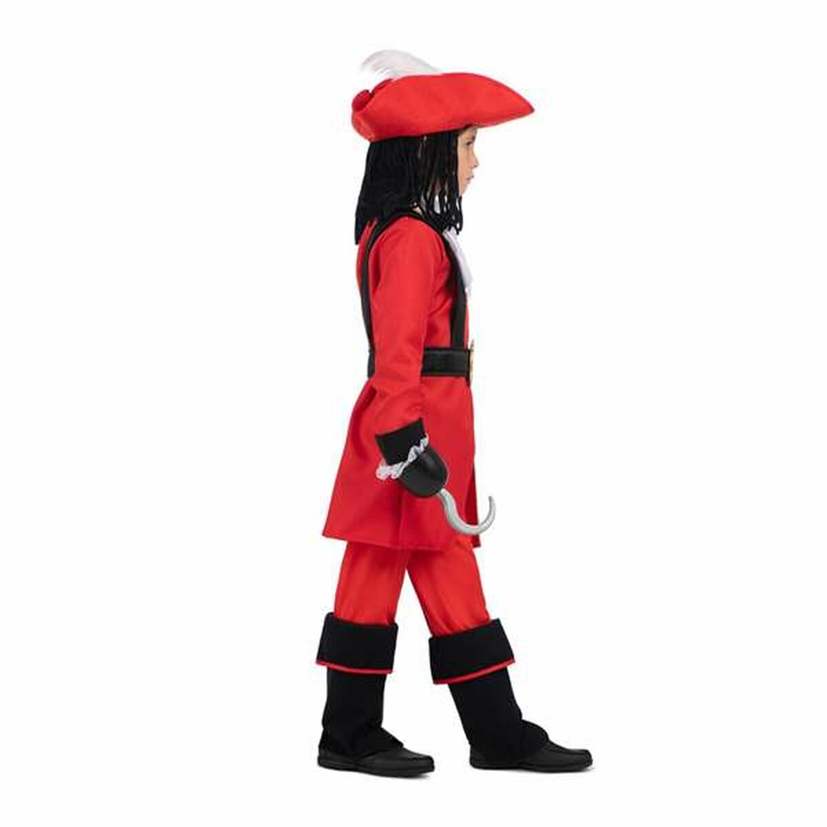Ett barn i Kapten Krok-dräkt står i profil och visar upp den eleganta rocken och den klassiska kroken.