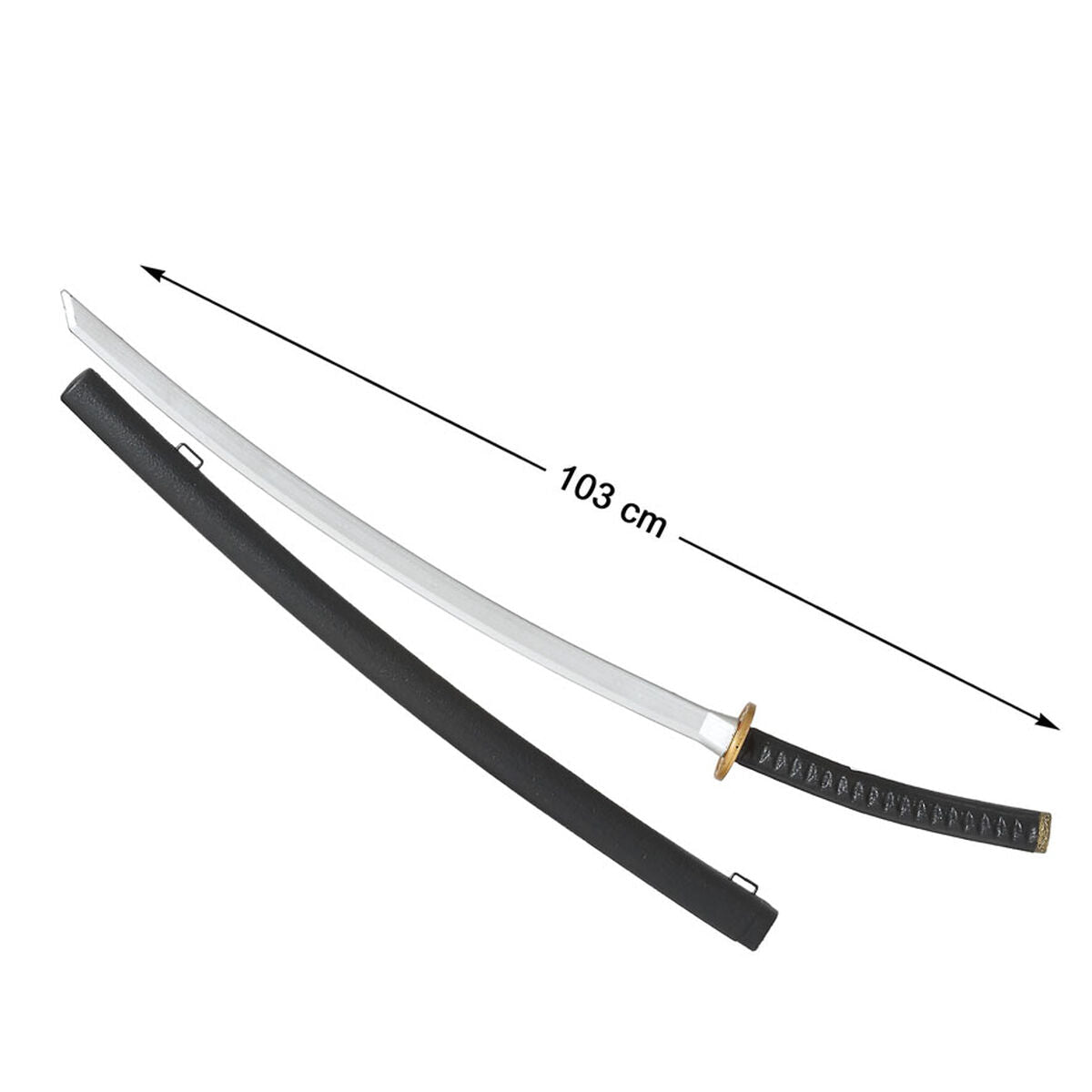 Ett långt leksakssvärd som liknar en japansk katana, med svart handtag och fodral, bredvid sitt silverfärgade blad, med en längdmarkering som visar 103 cm.