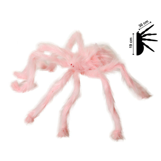 Den ljusrosa spindeln visas med mått som indikerar 30 cm långa ben och en kropp på 19 cm.