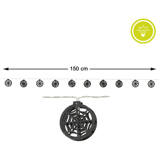 En ljusslinga med svarta spindelnät som visar dess längd på 150 cm och en närbild på en av LED-lamporna.