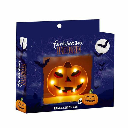 Förpackningen till den Lysande Jack-o'-Lantern LED-Dekorationen, som visar produkten i en mörk miljö med fladdermöss.