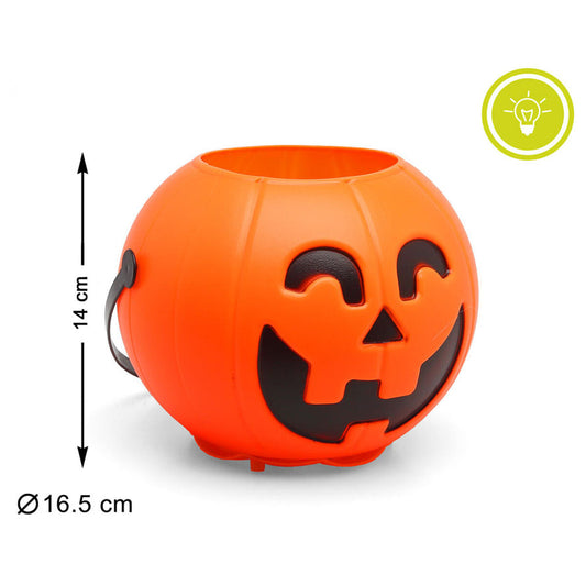 Den orangea pumpahinken visas med sina mått, 14 cm hög och 16,5 cm i diameter, samt en ikon för dess ljusfunktion.