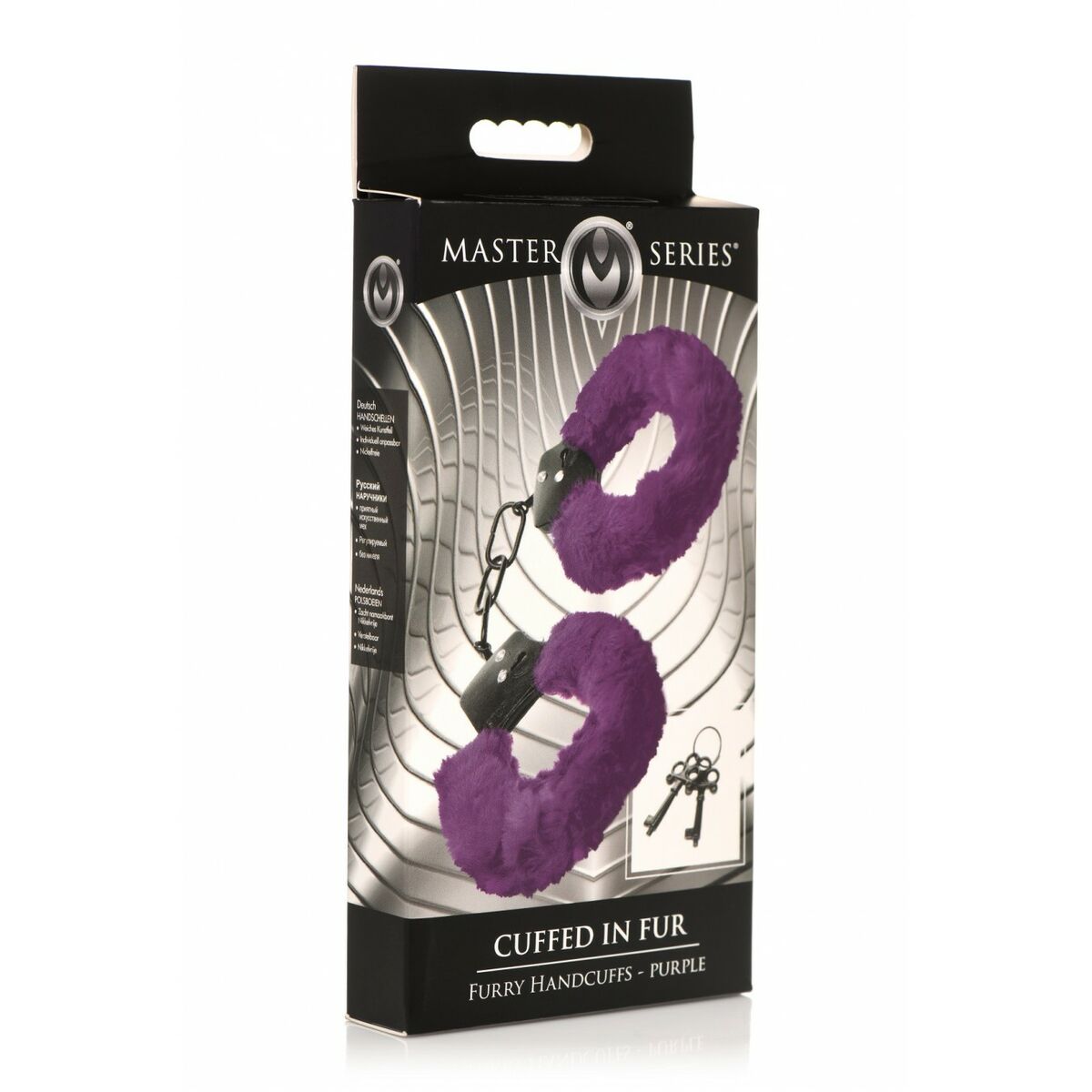 Produktförpackningen från Master Series för de fluffiga, lila handbojorna.
