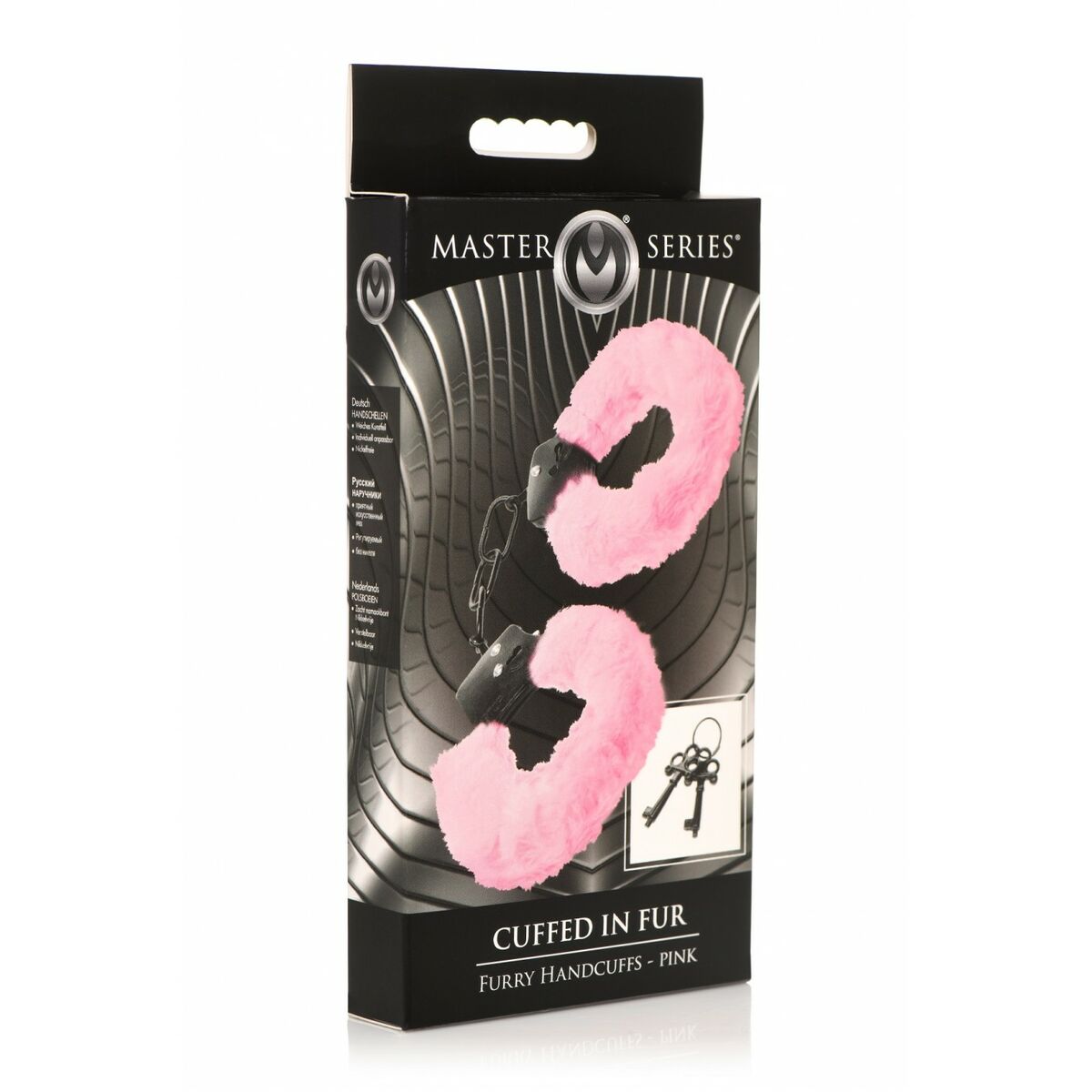 Produktförpackningen från Master Series för de fluffiga, rosa handbojorna.