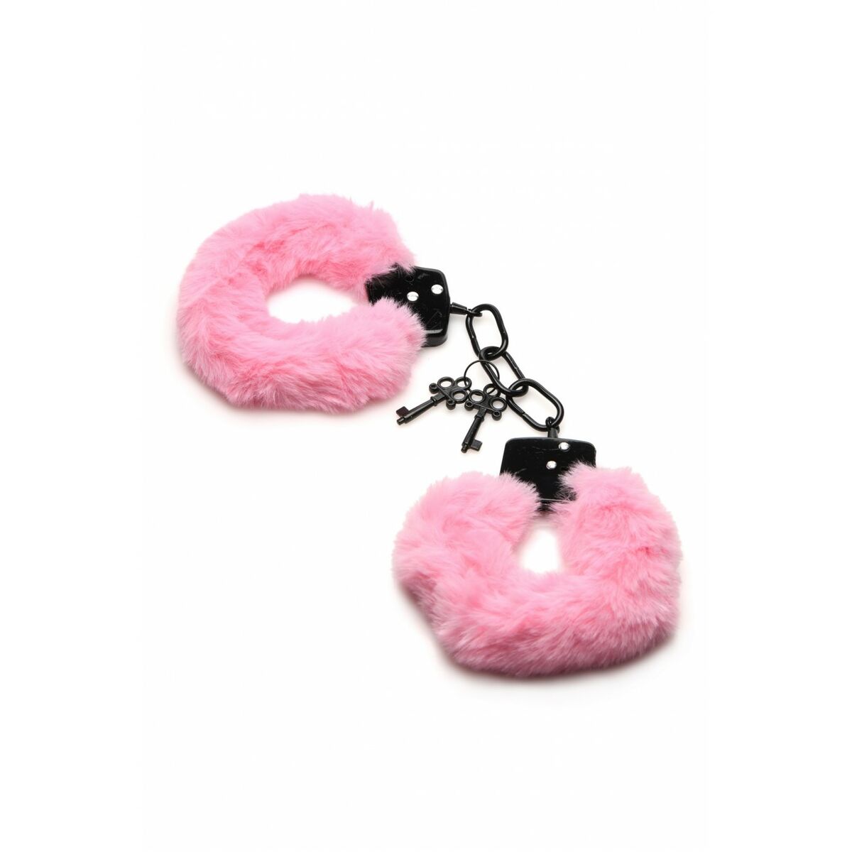Ett par Lyxiga Fluffiga Rosa Handbojor i metall, stängda och länkade samman med en kedja och två nycklar.