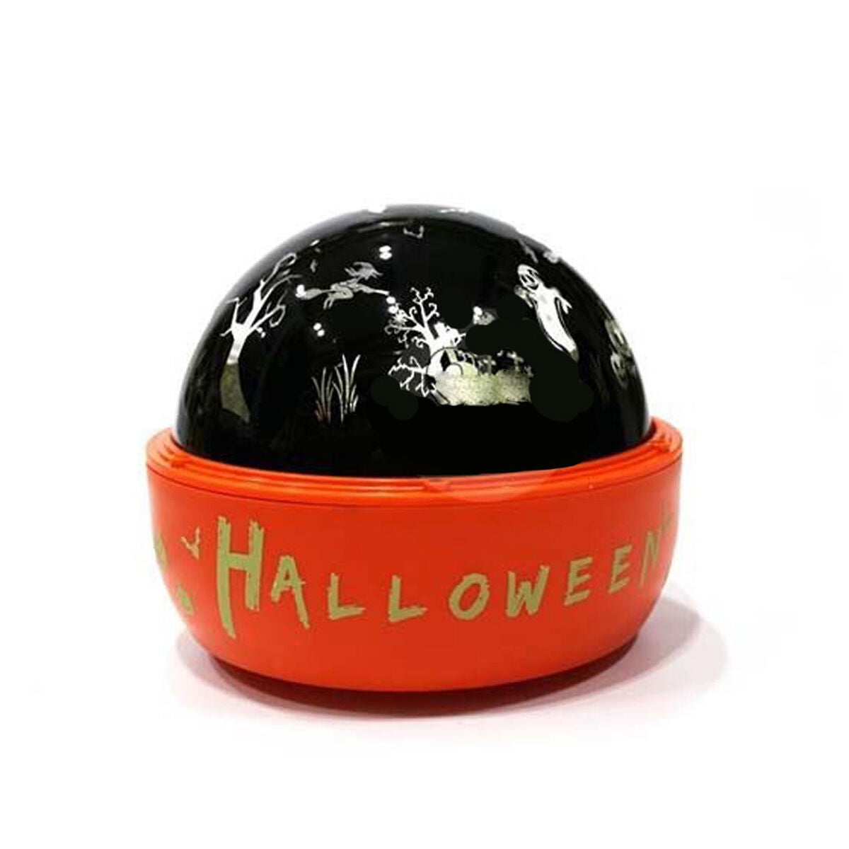 Den svarta och orangea Halloween-projektorn sedd i dagsljus.