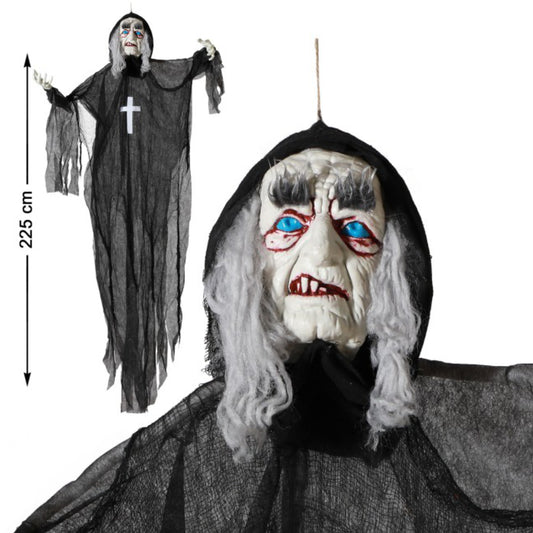 En lång, hängande Halloweendekoration i form av en makaber munk-vålnad och en närbild på dess ansikte.