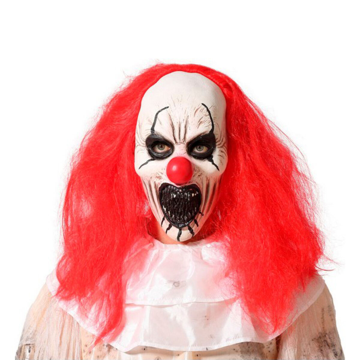 En person bär en Mardrömslik Clownmask i latex, med ett blekt ansikte, en läskig mun och vilt, rött hår.