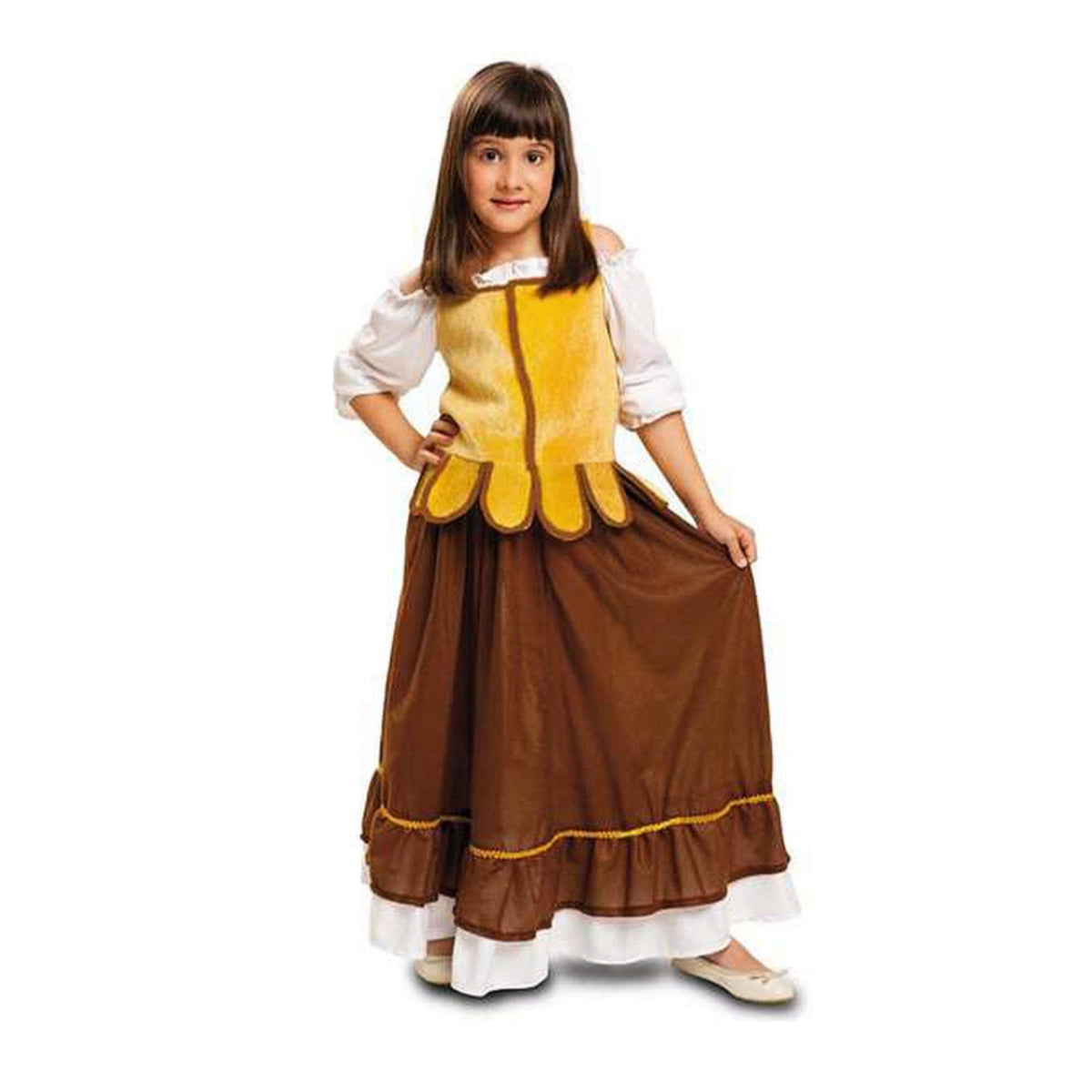 Flicka i medeltida utklädnad med vit off-shoulder-tröja, gul väst och brun lång kjol med volang