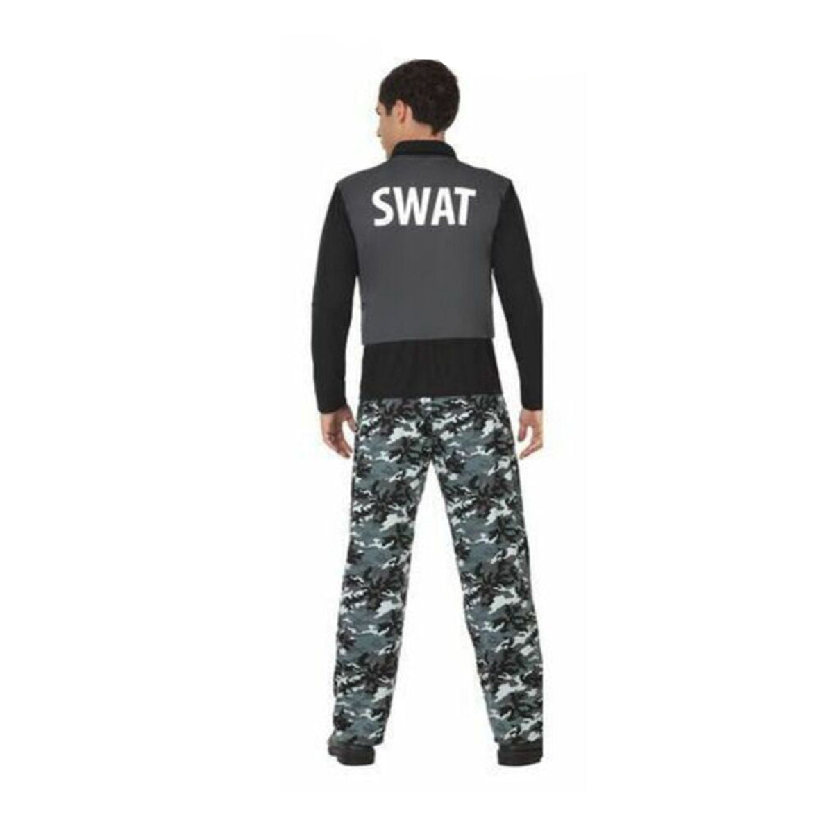 Baksidan av SWAT-maskeraddräkt för vuxen med tydlig text på västen.