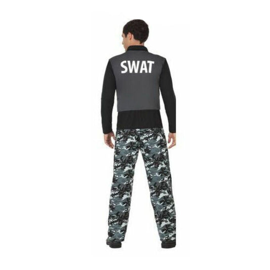 Baksidan av SWAT-maskeraddräkt för vuxen med tydlig text på västen.