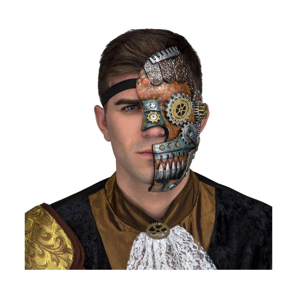 En man bär en detaljerad mekanisk steampunk halvmask som täcker ena sidan av hans ansikte med kugghjul och rostiga detaljer.