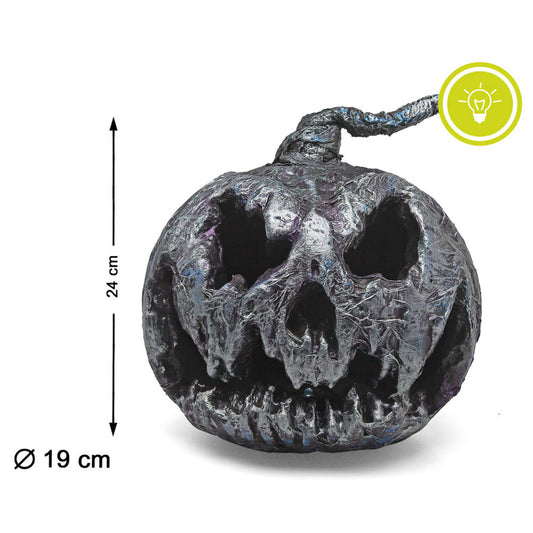 Den petrolfärgade pumpan visas med sina mått, 24 cm hög och 19 cm i diameter, och en ikon för dess ljusfunktion.