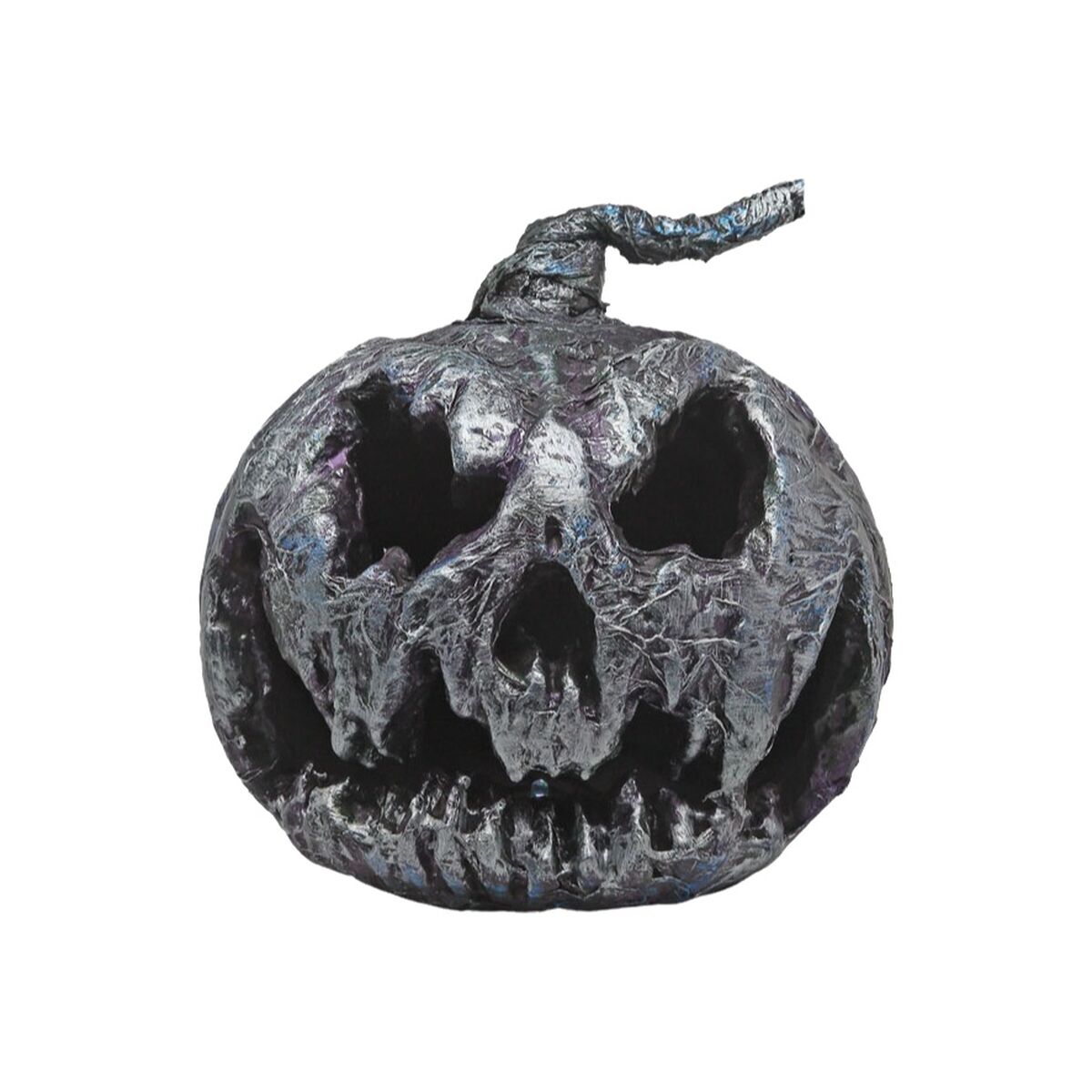 En mystisk och kuslig Jack-o'-Lantern-pumpa med en skrovlig yta som skimrar i silver och petrol.