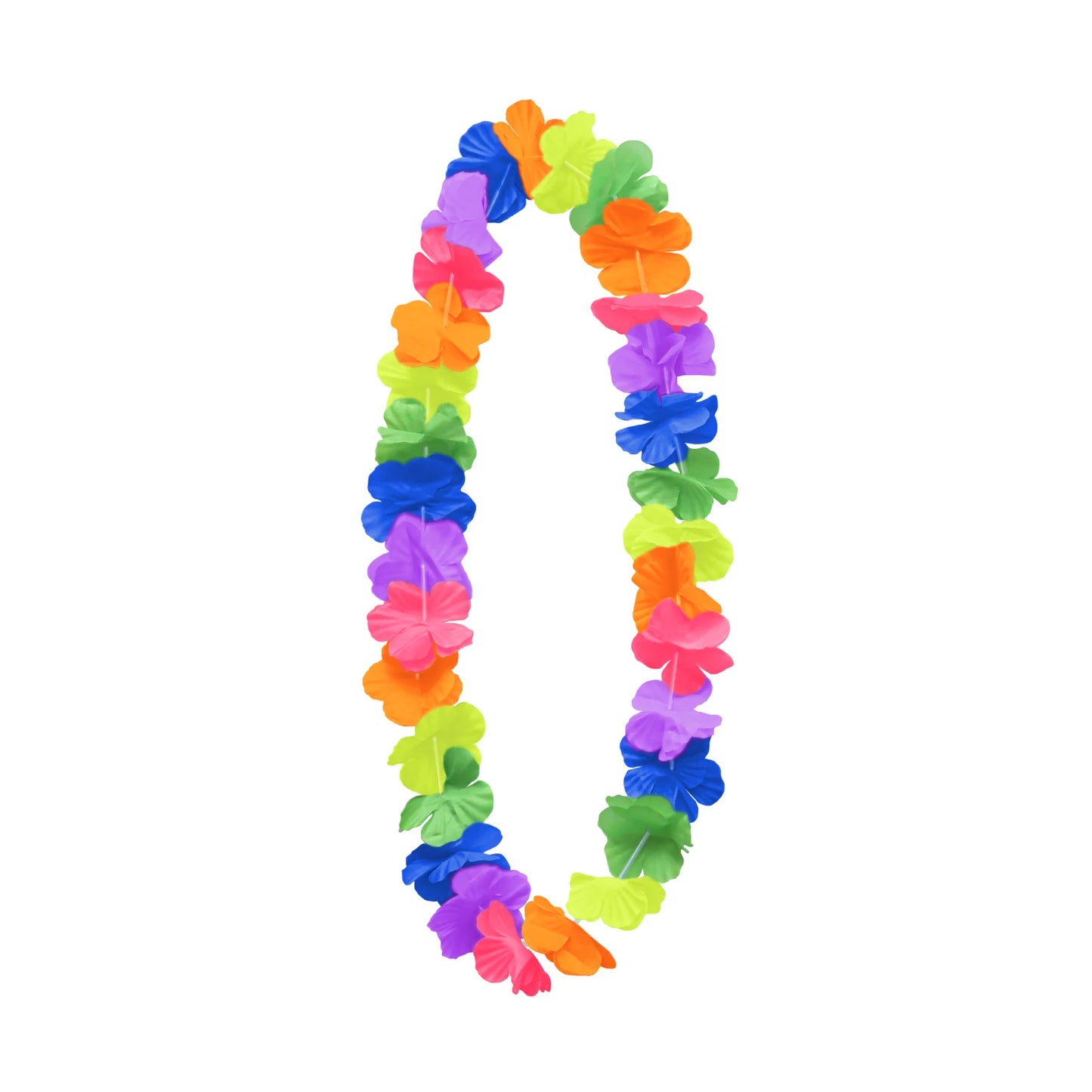 En neonfärgad hawaiikrans med tygblommor i rosa, orange, grönt, blått, gult och lila mot vit bakgrund.
