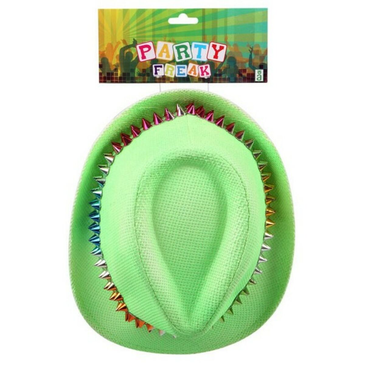 En neongrön fedora-hatt med regnbågsnitar i sin "Party Freak"-förpackning.