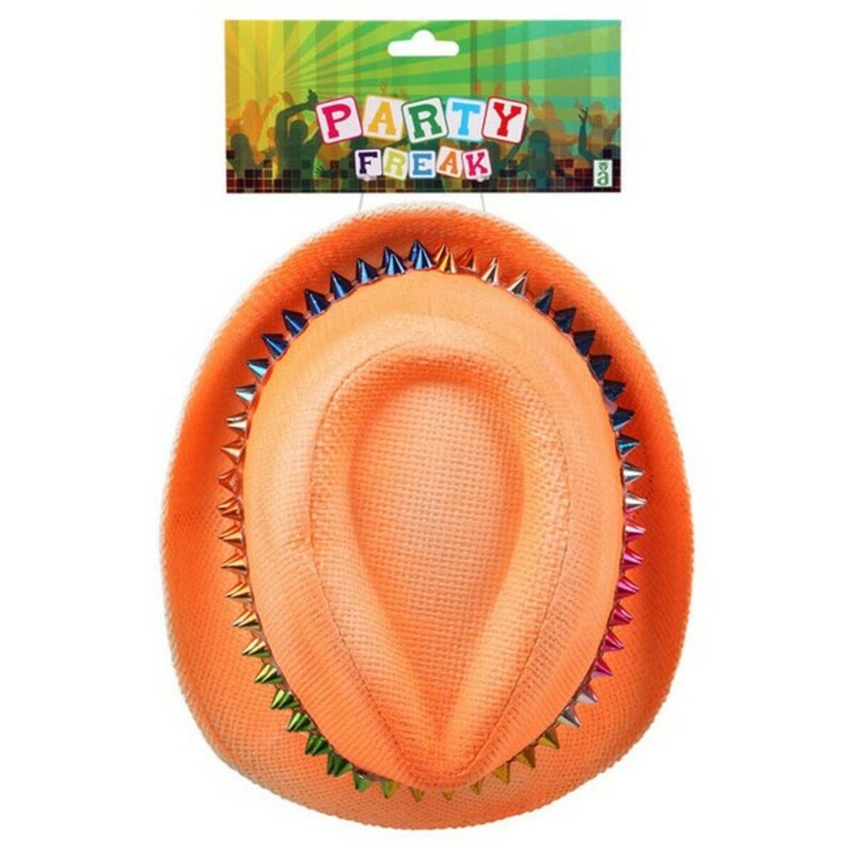En orange fedora-hatt med regnbågsnitar i sin "Party Freak"-förpackning.