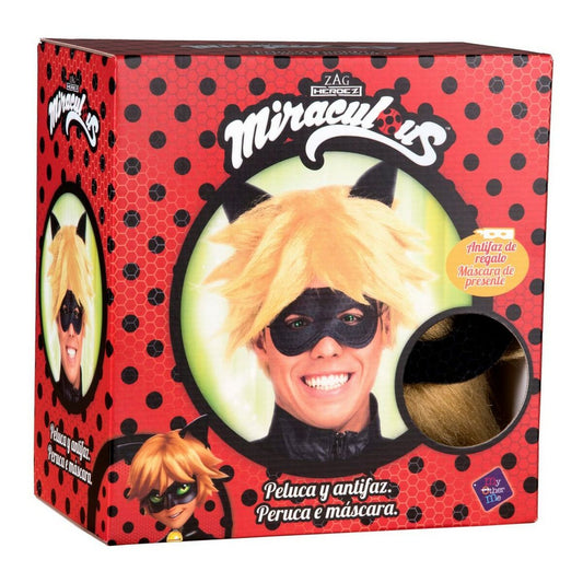 Förpackningen till det officiella Miraculous Cat Noir-setet, som visar peruken och ögonmasken.