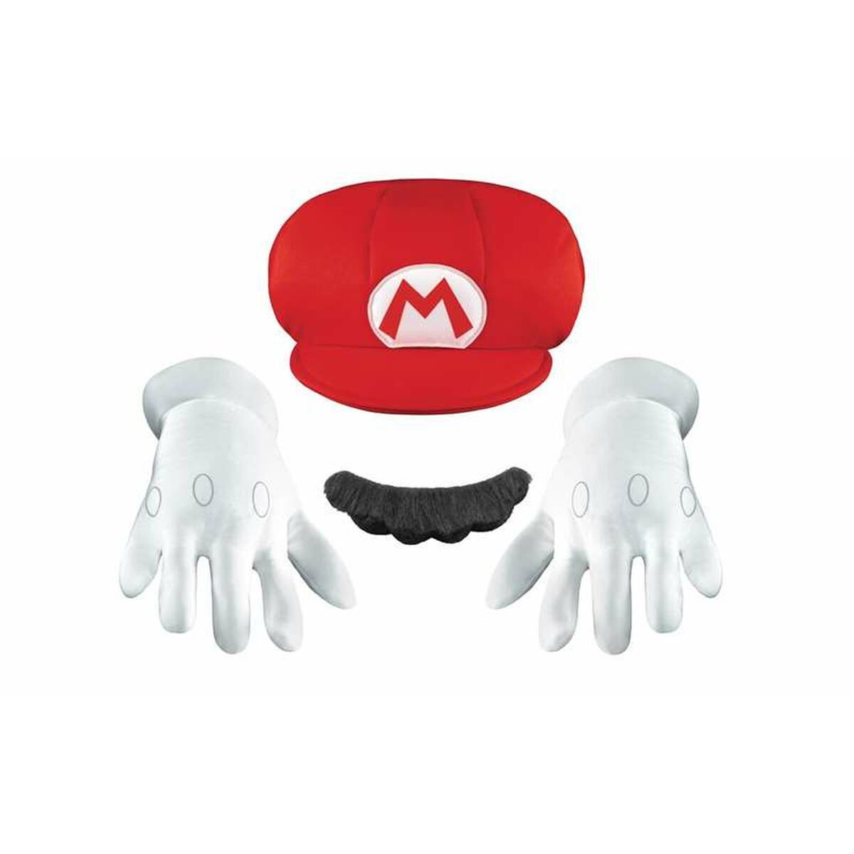 Ett komplett och officiellt Super Mario-maskeradset för barn, innehållande en röd keps med "M", ett par stora vita handskar och en svart lösmustasch.