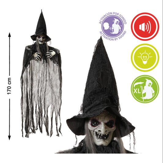 En ondskefull, hängande interaktiv häxa som visar dess mått på 170 cm och ikoner för dess ljud- och ljusfunktioner.