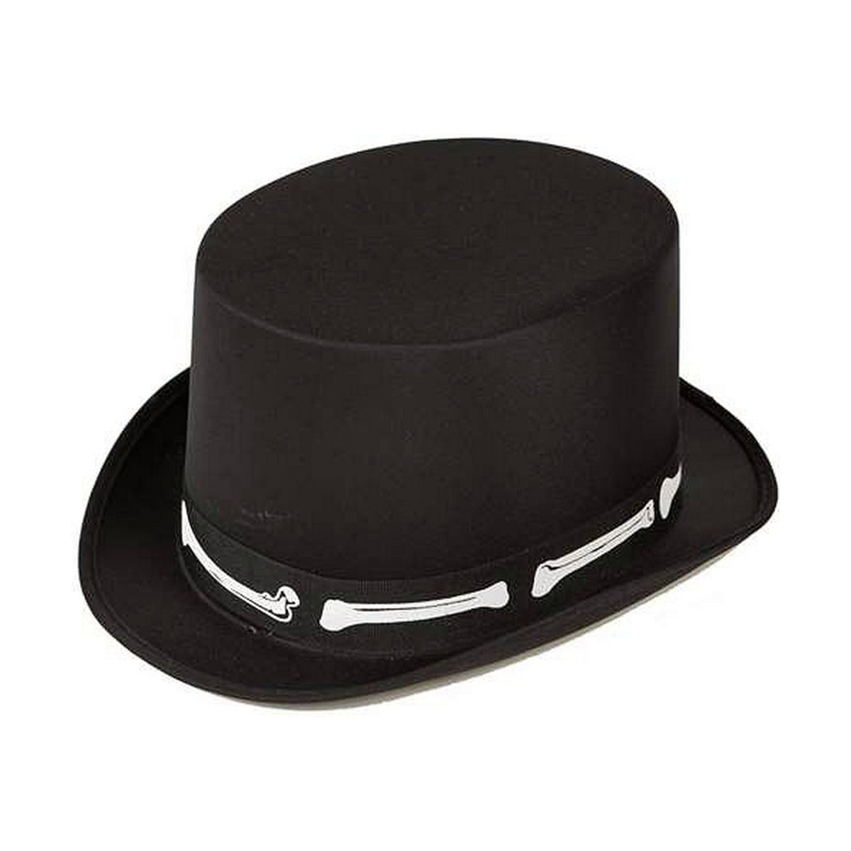 En hög, svart hatt i cylinder-modell med ett vitt band runt basen som är dekorerat med ben.