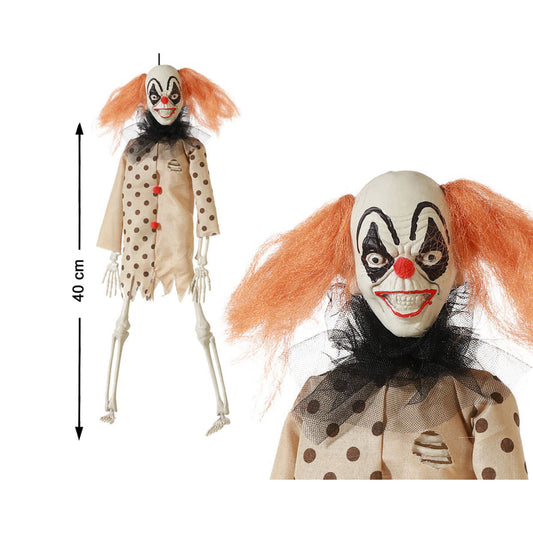 En kombinationsbild som visar det kompletta, 40 cm höga hängande Cirkus-Skelettet och en närbild på dess ondskefulla clownansikte